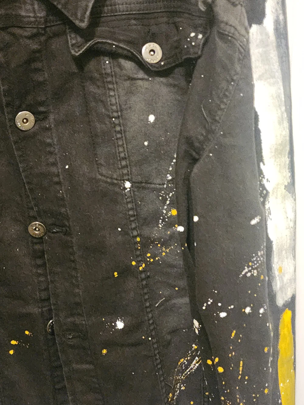 Men's Black Distressed Paint-Splatter Denim Jacket with Yellow Accents